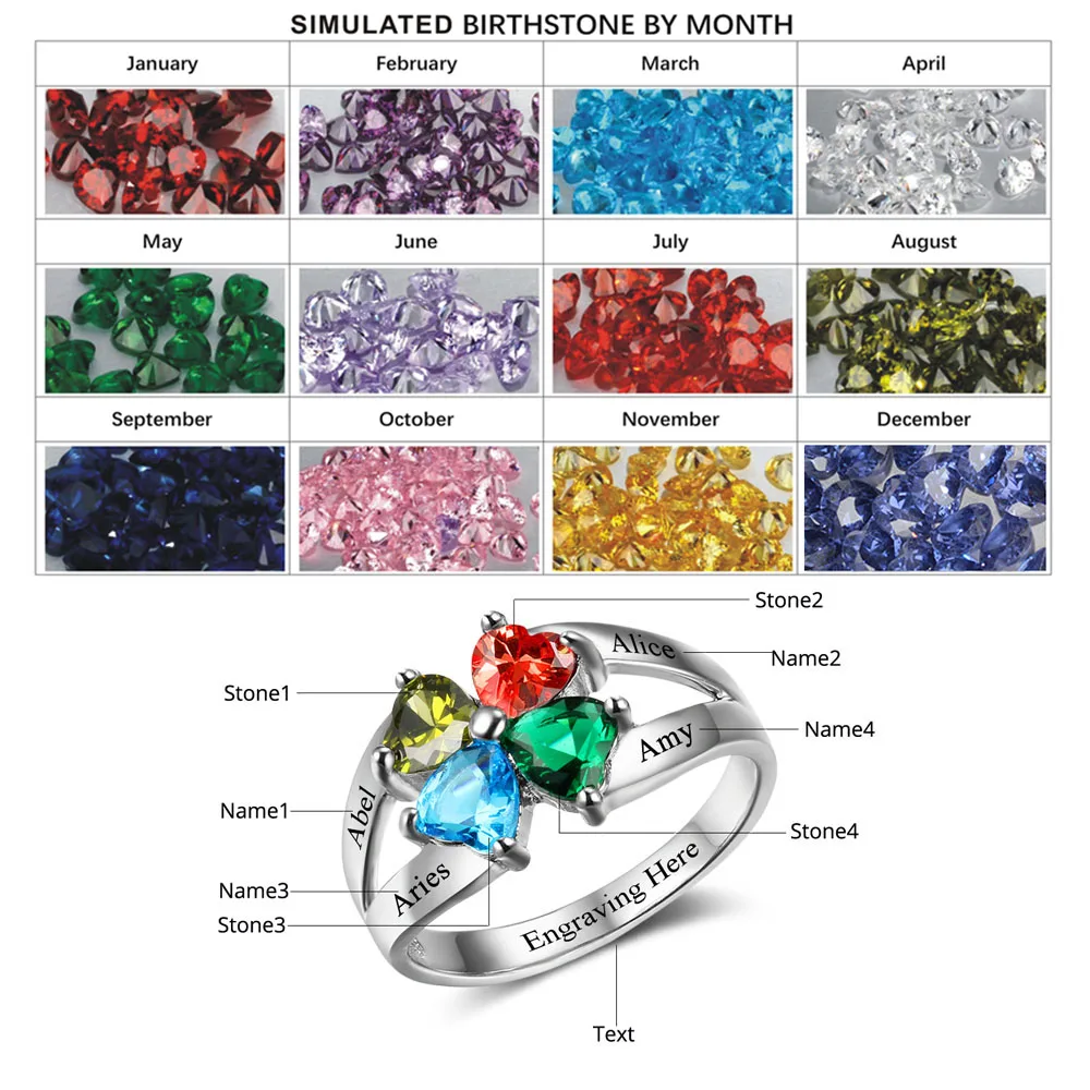 Anniversary Family Ring Engrave Name Custom 4 Birthstone Ring 925 Sterling Silver Heart Rings Gift For Mom (JewelOra RI102501)