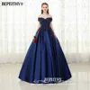 BEPEITHY V-neck Navy Blue Long Evening Dress Lace Beaded Vintage Prom Gowns Vestido De Festa Off The Shoulder Cheap Evening Gown ► Photo 2/6