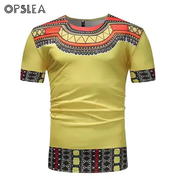 

Opslea Dashiki African Tribal Print T-Shirt For Men Yellow Round Collar Short Sleeve Top Summer African Classic National Clothes