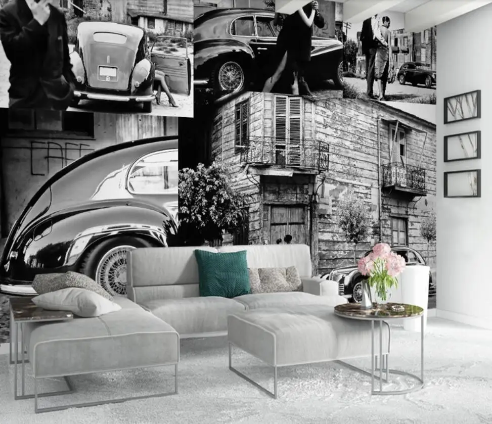 

European-style retro black and white scenery car lovers city street scene background wall 3D decoration wallpaper murals