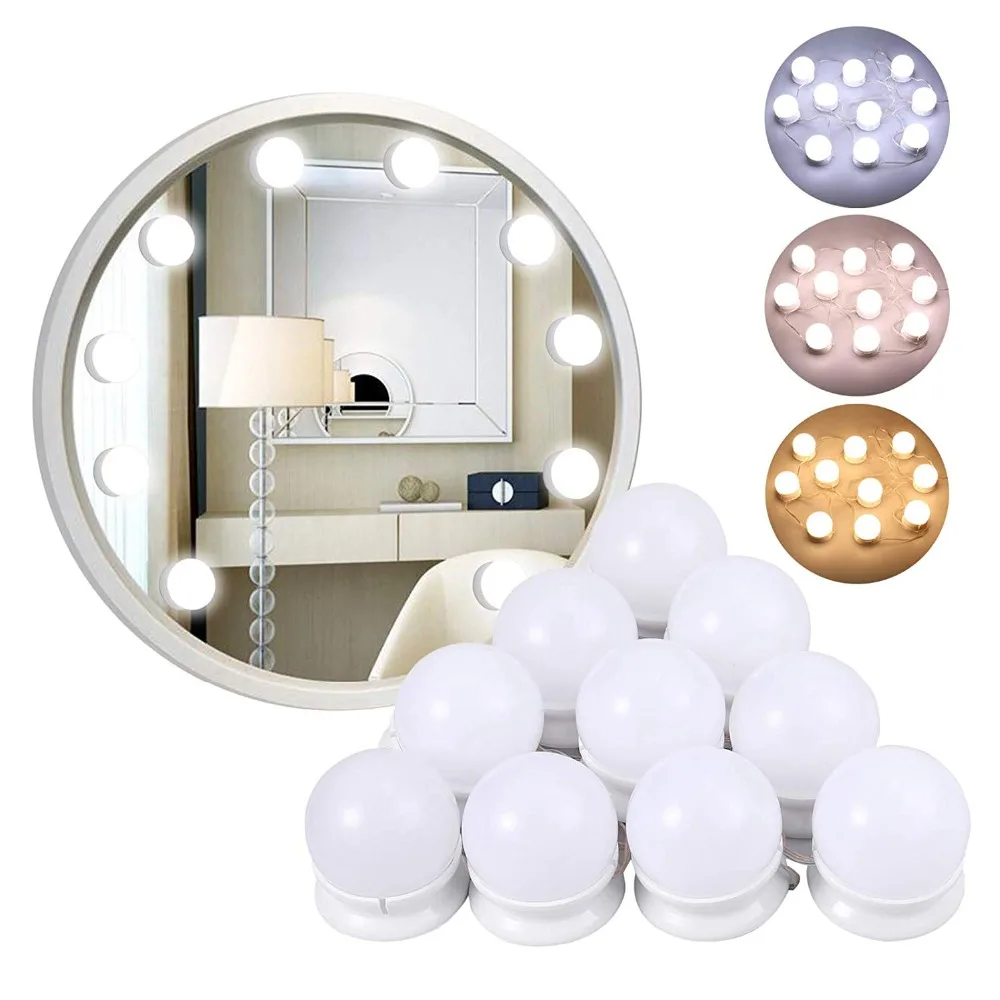 

USB Powered Dimmable 10 Bulbs Hollywood Led Makeup Mirror Light Vanity Lights 3Color Lighting Modes Table Mirror Lamp Bulbs