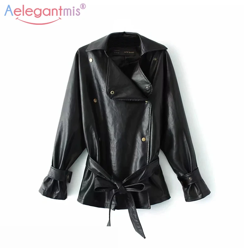 

Aelegantmis Autumn Women Long Faux Soft Leather Jacket with Belt Black Loose Pu Leather Jacket Female Street Casual Outerwear