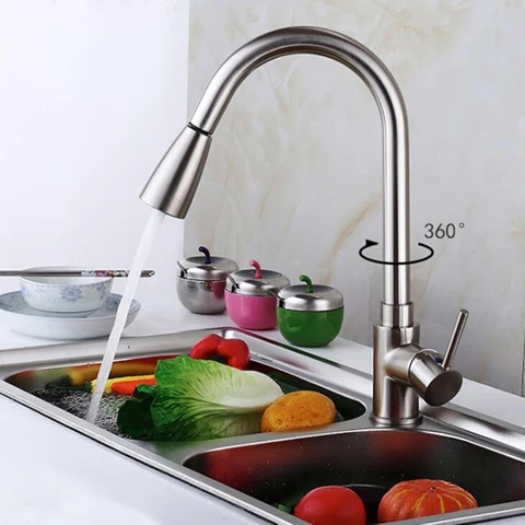 Torneiras de Cozinha de Prata Torneira da Cozinha Lidar com Misturador de Água da Torneira Giratória de 360 Único Punho Pull Buraco Torneira Misturadora Graus Out