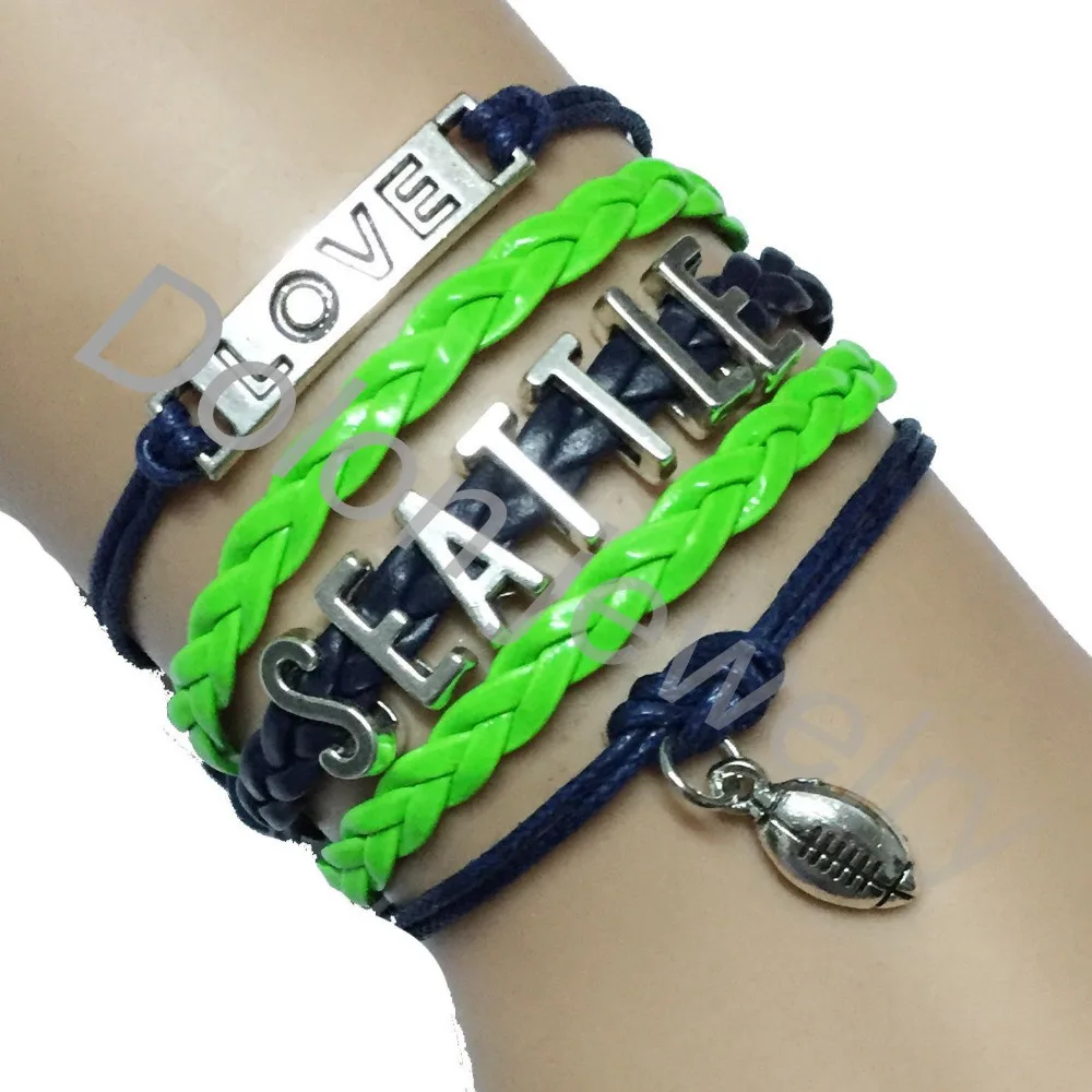 Custom Dark Blue with Neon Green Love Seattle Bracelet Football College