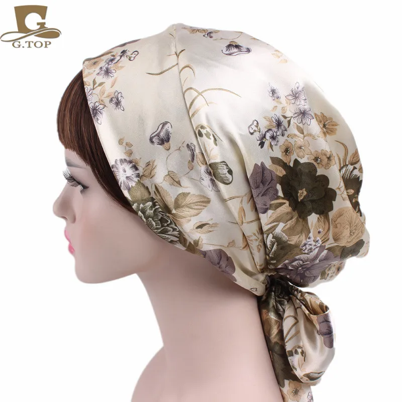 Женский атласный головной шарф Шапочка для сна шелковистый головной убор Дамский шарф для волос шапка - Цвет: Beige flower