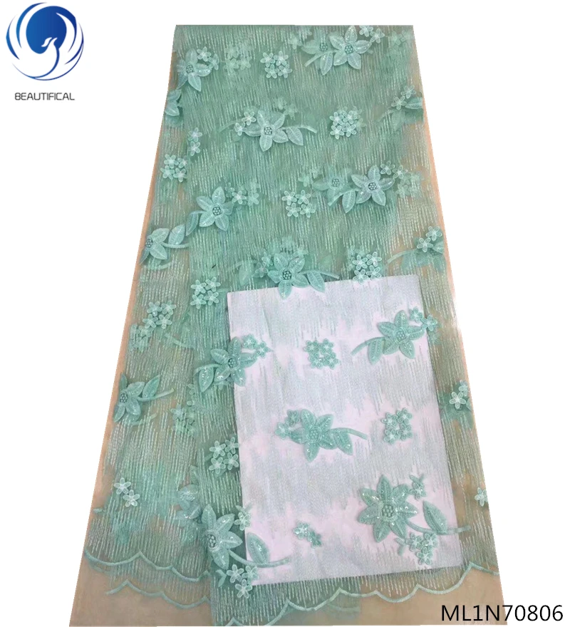 

Beautifical african tulle lace fabrics french laces fabrics 2019 green laces dress with sequins for women 5yards/lot ML1N708