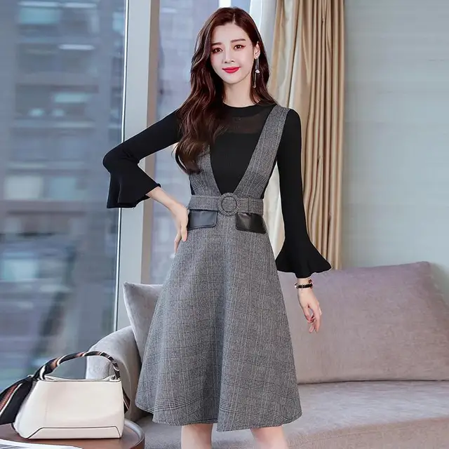 Black Knitted Sweater 2 Piece Set Women Plaid Flare Sleeve Conjunto ...