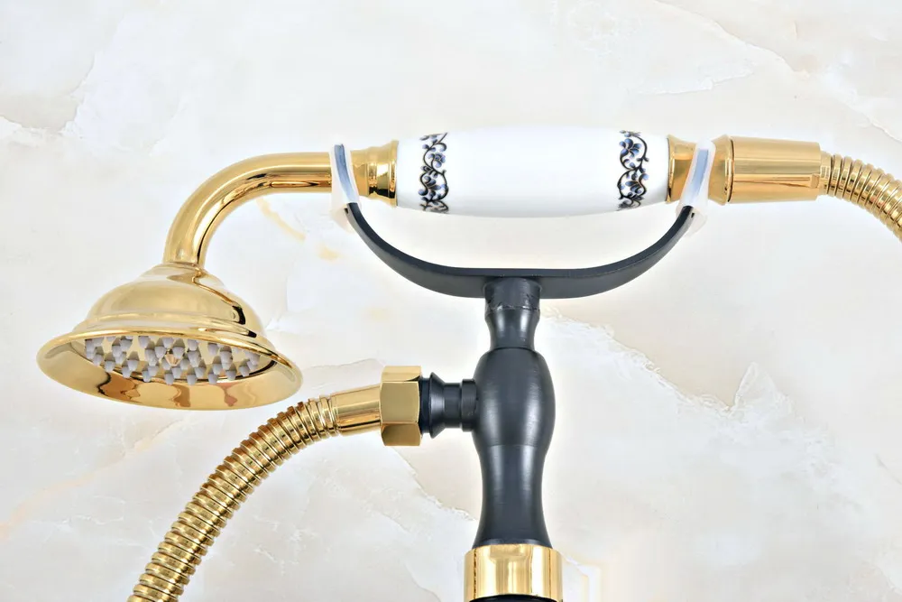  Black Gold Color Brass Wall Mount Bathroom Tub Faucet Dual Cross Handles Telephone Style Hand Showe