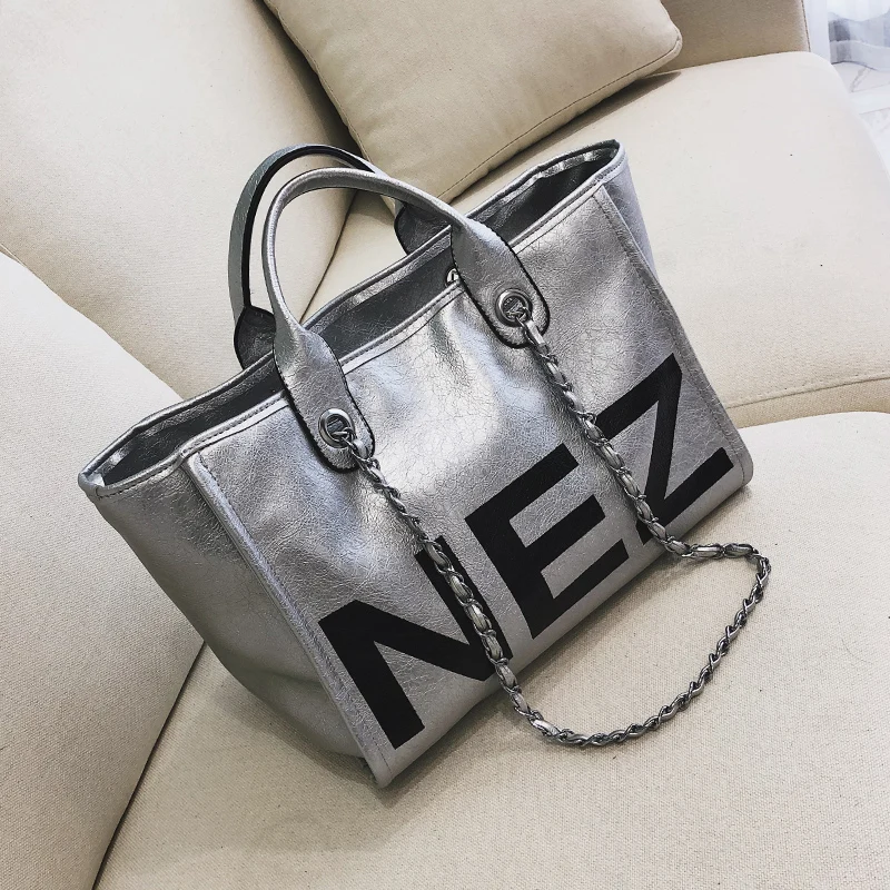 

Women Bags Large Capacity Handbag 2018 New Pu Leather Single Shoulder Bag Casual Chain Shopper Tote Silver Lady Office Work Bag