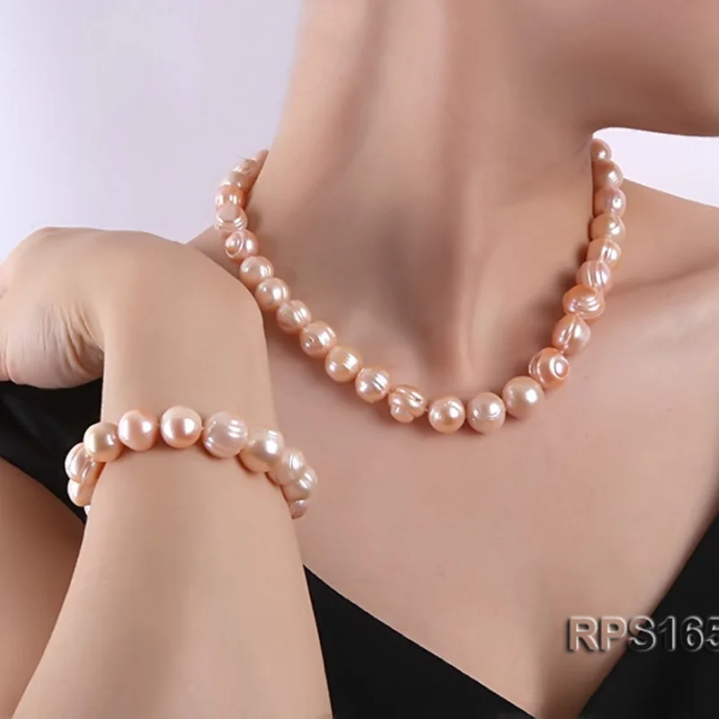 JYX Pearl 11-12mm Round Pink Freshwater Pearl Necklace and Bracelet Set for Women