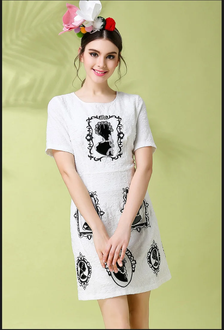 Size-S-L Women Vintage Jacquard Dresses Embroidered Black White Sundress Summer Fashion A-Line Short Sleeve Clothes Y903