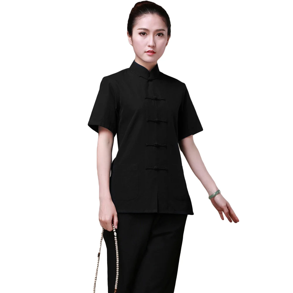 7 цветов Кунг-Фу рубашка с короткими рукавами Китайский традиционный хлопок Костюмы Тан костюм топ тайцзи ушу костюм для Для женщин - Цвет: Black
