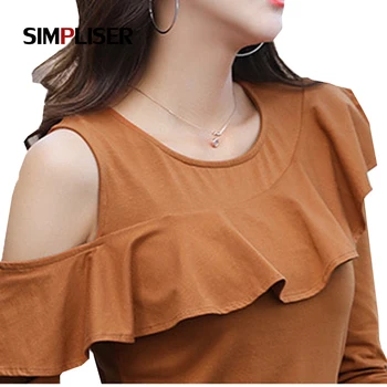 

SIMPLISER Off Shoulder Ruffled Sleeve Women Shirts Long Sleeve Tees Femme T Shirts 2018 Black White Tops XXL Ladies Clothings