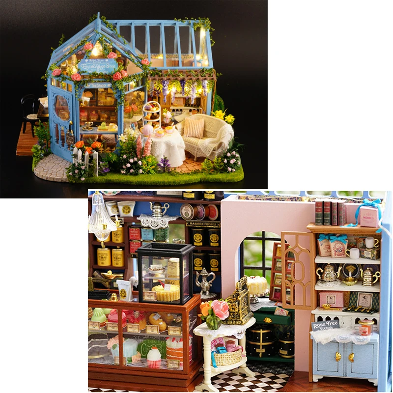 DIY Miniature Rose Garden Cake Shop Dollhouse Wooden Furniture LED Music Kits