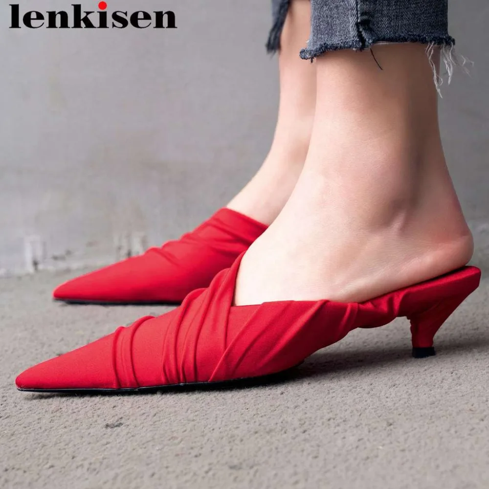 

Lenkisen Euorpean movie stars kitten heels pointed toe elegant brand clubwear women pumps pretty girls slip on mules shoes L68
