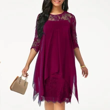 Новинка, женское модное повседневное свободное элегантное платье с коротким рукавом и круглым вырезом, однотонное кружевное платье большого размера, 15 видов цветов, 2XS-5XL