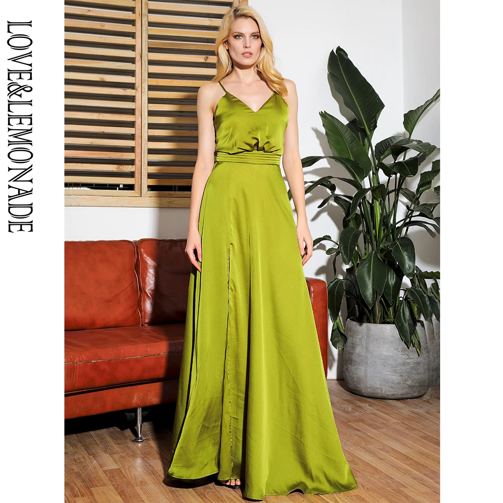 LOVE& LEMONADE зеленый v-образным вырезом слинг Сплит пляжное пушистое длинное платье LM81880