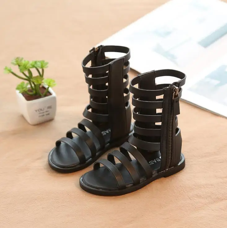 

2019 Summer 2 Colors Baby Girl Cut-Outs Hollow Roman Sandals Children Knee Boots Gladiator Kid Flat Zipper PU Shoes