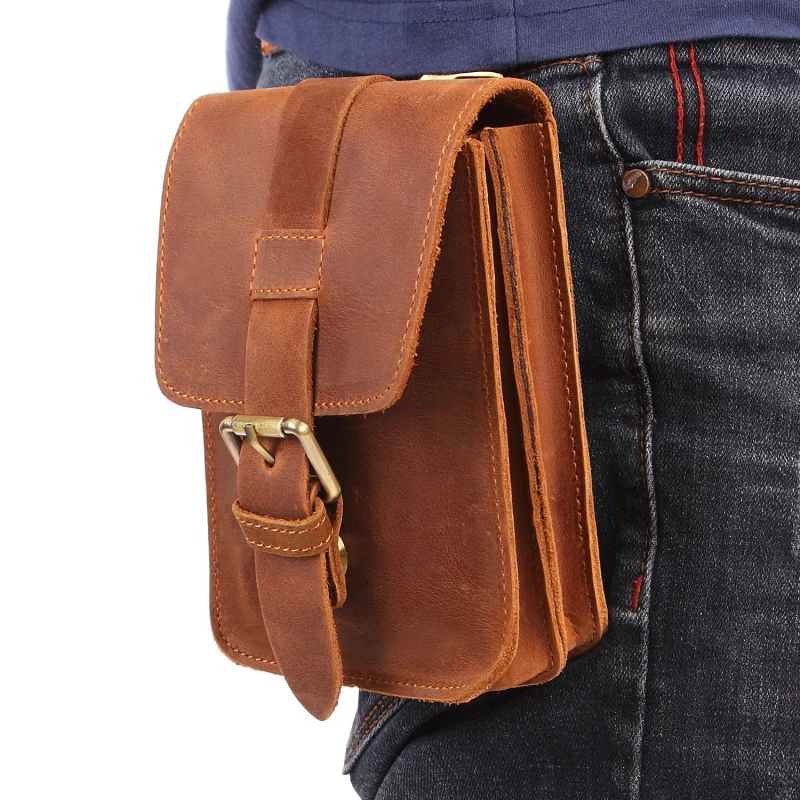 

2018 New Crazy Horse Leather Waist pack Belt Loop Hook fanny Waist Pouch Genuine leather Brown handmade phone Bag Hip Bum Bag