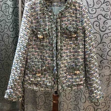 Fall New Women/Female Wool Round Neck Long Sleeves Multicolor Plaid Tweed Weave Jacket With Beading& Frayed Piping Details