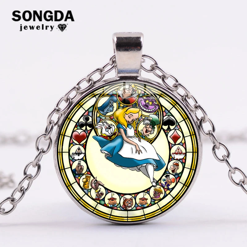 

SONGDA New Alice Princess Necklace Alice In Wonderland Novelty Design Anime Pattern Glass Dome 3D Effect Pendant Choker Necklace