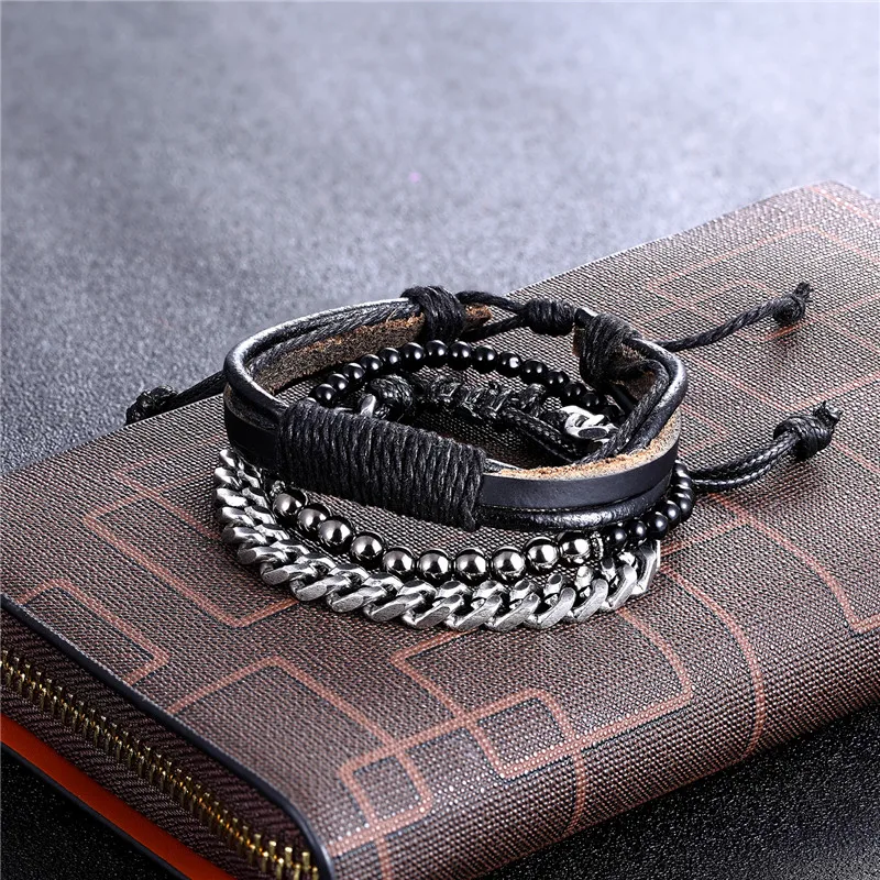 1 Set 3PCS Multi-layer Leather Beaded Charm Bracelet Women Stainless Steel Link Chain Men's Couple Bracelets Dropshipping homme 1 Set 3PCS Multi-layer Leather Beaded Charm Bracelet Women Stainless Steel Link Chain Men's Couple Bracelets Dropshipping homme