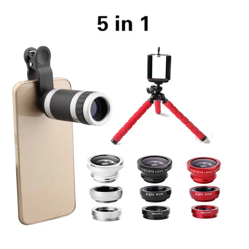 

5in1 Flexible Tripod with 8X Camera Phone Telescope Lens 3in1 Clip Camera Lens Kit Fisheye 0.67 Wide Macro lens for cell phone