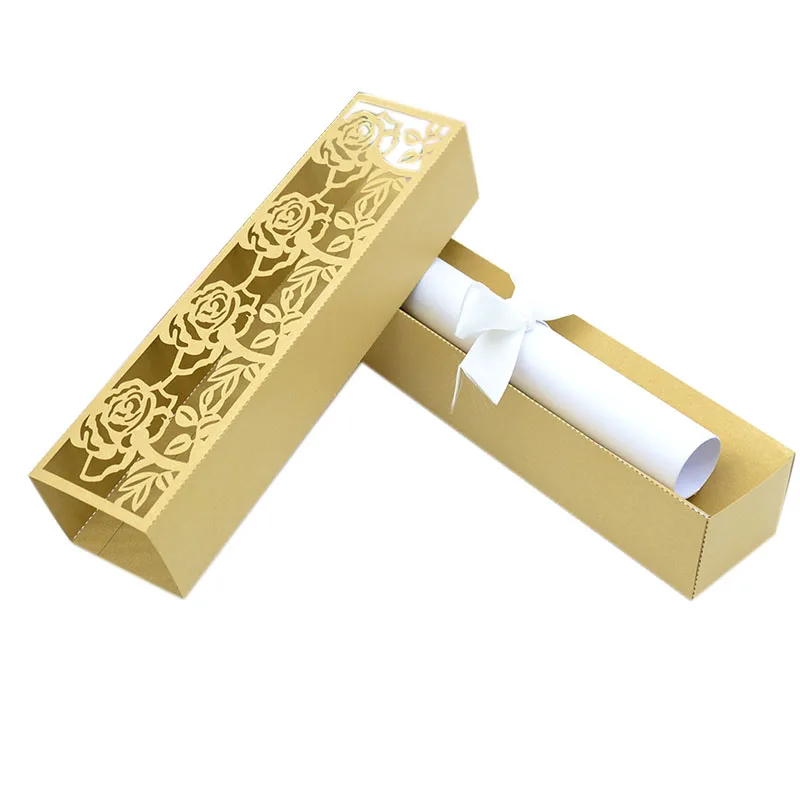 

100 pcs Box wedding invitation laser cut rose light brown pearl paper gifts for guests