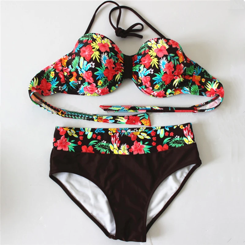 

2017 Sexy Halter Print Bikinis Women Swimsuit Push Up Bikini Set Retro Bathing Suits Swim Wear Plus Size Swimwear XL