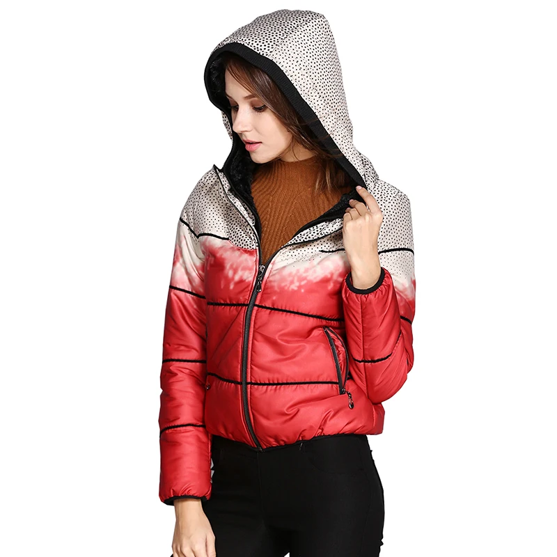 Women Winter Contrast Color Jacket Female Hooded Red Slim Patchwork Puffer Parka Lady Streetwear 