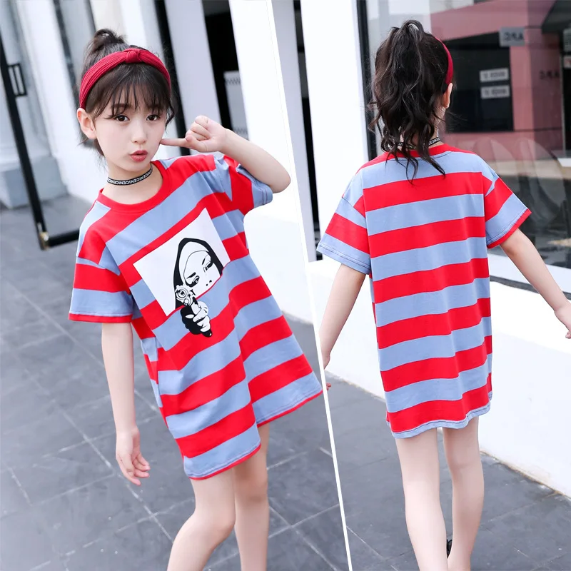 

2019 Summer Oversize T Shirt Kids Girls Striped O Neck Short Sleeve Cotton Basic Long T-shirt Loose Streetwear T-shirts Tee Tops