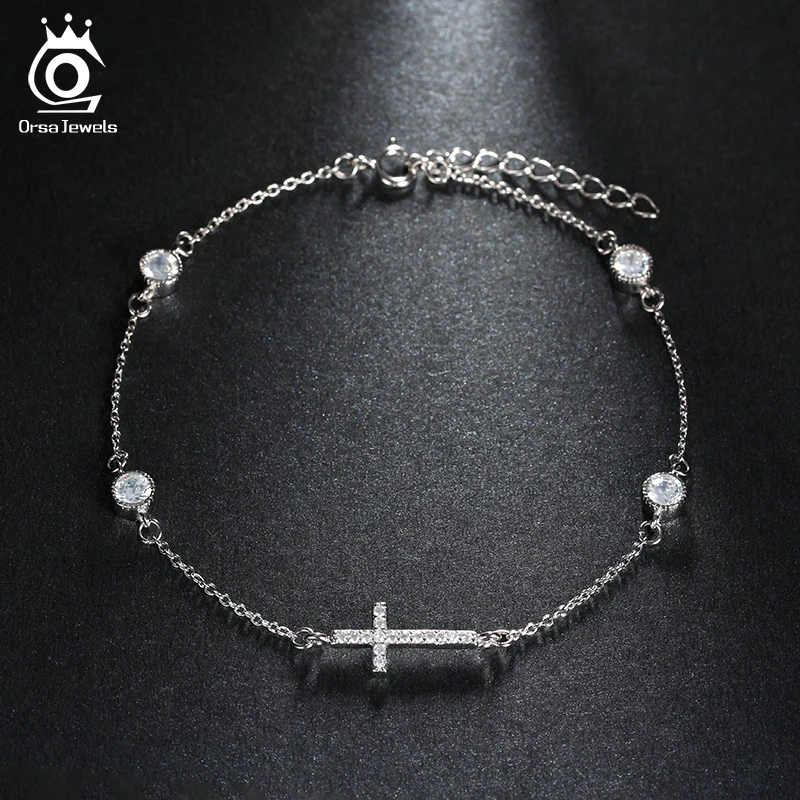 

ORSA JEWELS Bracelet&Bangle For Women 2019 New Fashion Shiny CZ Female Cross Design Silver Color Wedding Party Jewelry OB43