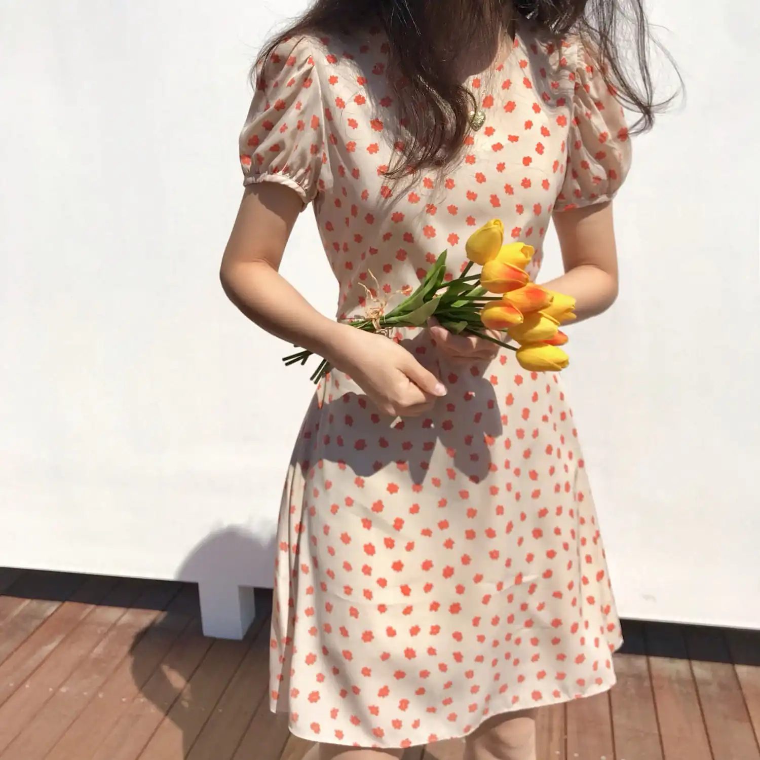 

Women Summer Dress with Belt Korean Vintage Loose Elegant O-neck Slim Short Sleeve Casual Beach Floral Dress Mini Vestidos Mujer