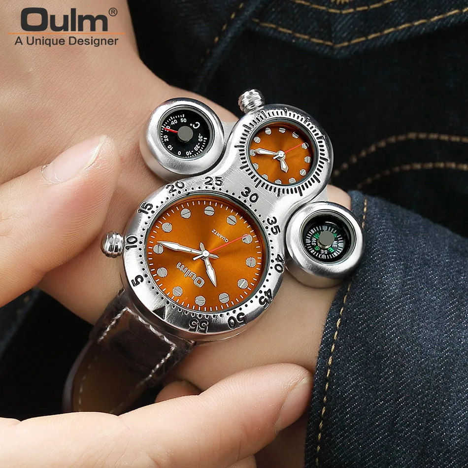  Oulm New Creative Men Watch Top Brand Luxury Double Display Quartz Watches Clock Men Leather Sport 