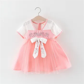 

Summer Chinese Style Baby Girls Short Sleeve Embroidery Floral Bow Princess Birthday Party Tutu Children Kids Dress cheongsam