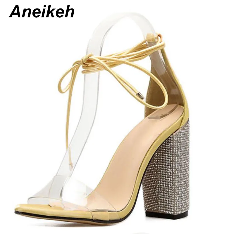 Aneikeh/ г.; летние женские туфли-лодочки из искусственной кожи на высоком каблуке, с ремешком на лодыжке, со стразами; женские туфли на очень высоком квадратном каблуке 11 см; Цвет Черный - Цвет: yellow