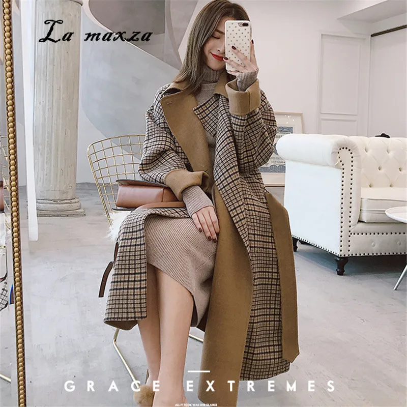 

Women Winter Coat 2018 Vintage Fashion Clothes Plaid Korean Style Outwear Long Coat Winter New Women Plus