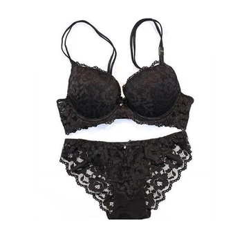

Lace Floral Embroidered Underwear Set Double Strap Thickened Cups Push Up Deep V Bra Slim Sexy Briefs Brassiere Underwear Set