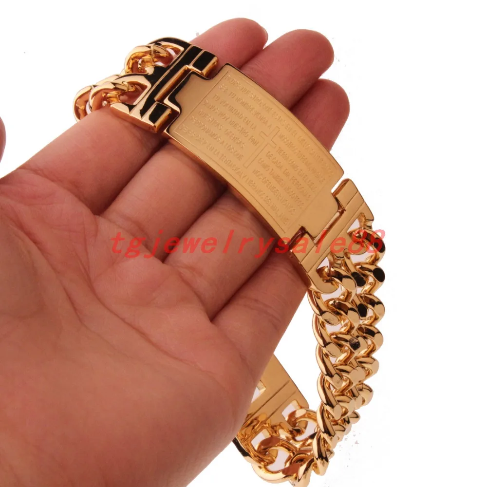 

Newest Cool Men's Gold Color Stainless Steel Double Curb Cuban Link Chain Bracelet Bangle Cuff Jewelry Fashion Bible Cross ID 9"