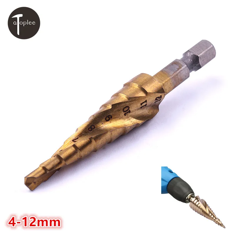 

1PC HSS 9 Steps 4-12mm Drill Bit Titanium Hex Shank Spiral Groove Step Drill Bit Hole Cutter Wood Cone Saw Power Drill