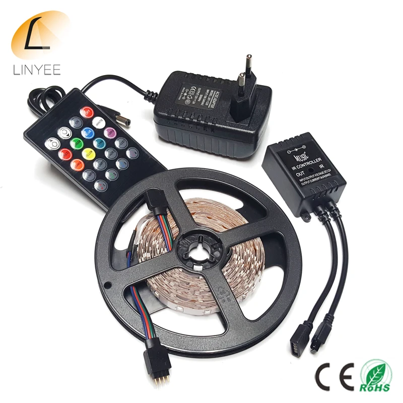 

LED Strip Light 3528 RGB 5M 300 LED Flexible Strip Light Set + 20Keys Music IR Controller + 12V 2A Power Adapter by DHL