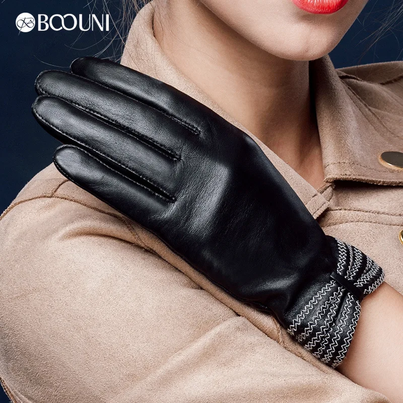 BOOUNI Genuine Leather Gloves Fashion Women Sheepskin Gloves Thermal Winter Velvet Lining Finger Black Driving Glove NW623