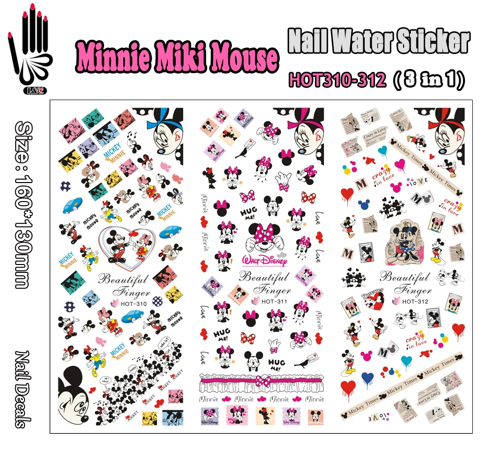 

3 Sheets/Lot Nail Art HOT310-312 Micki Cartoon Mouse Nail Art Wrap Water Sticker for Nail Art (3 DESIGNS IN 1)