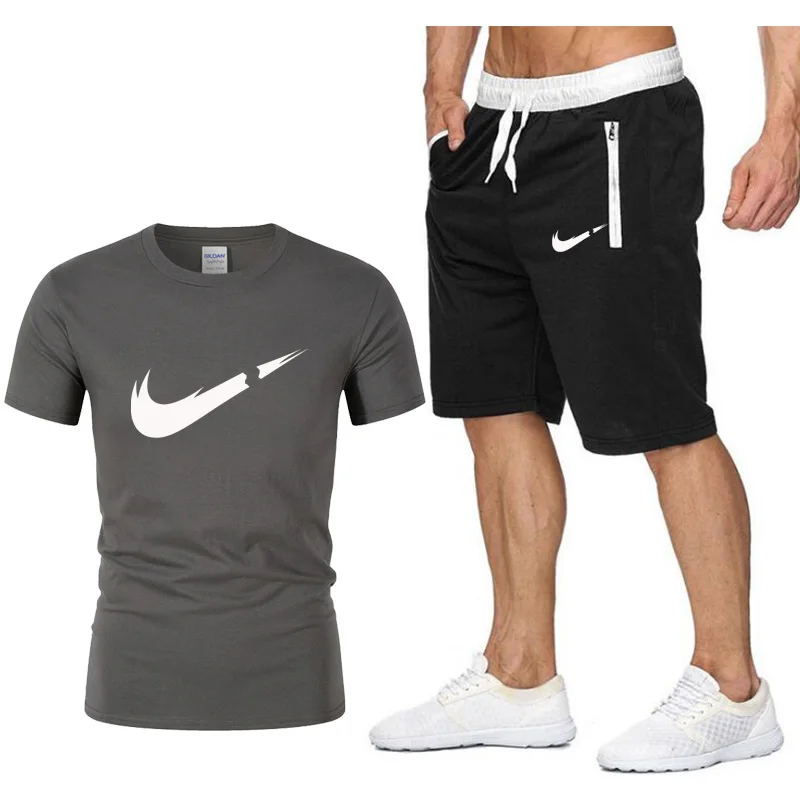 Haute qualité hommes t-shirts + shorts hommes marque vêtements deux pièces survêtement mode décontracté t-shirts gymnases entraînement Fitness