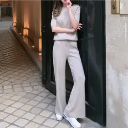 2018 Мягкий Топ с короткими рукавами, кашемировые брюки, комплект из двух предметов, однотонные свободные трикотажные наборы, повседневные