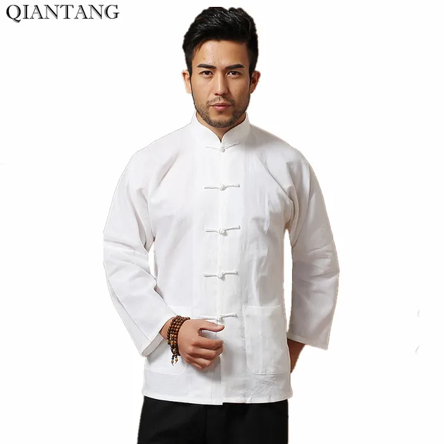 Blanco hombres de algodón de manga larga de lino camisa de