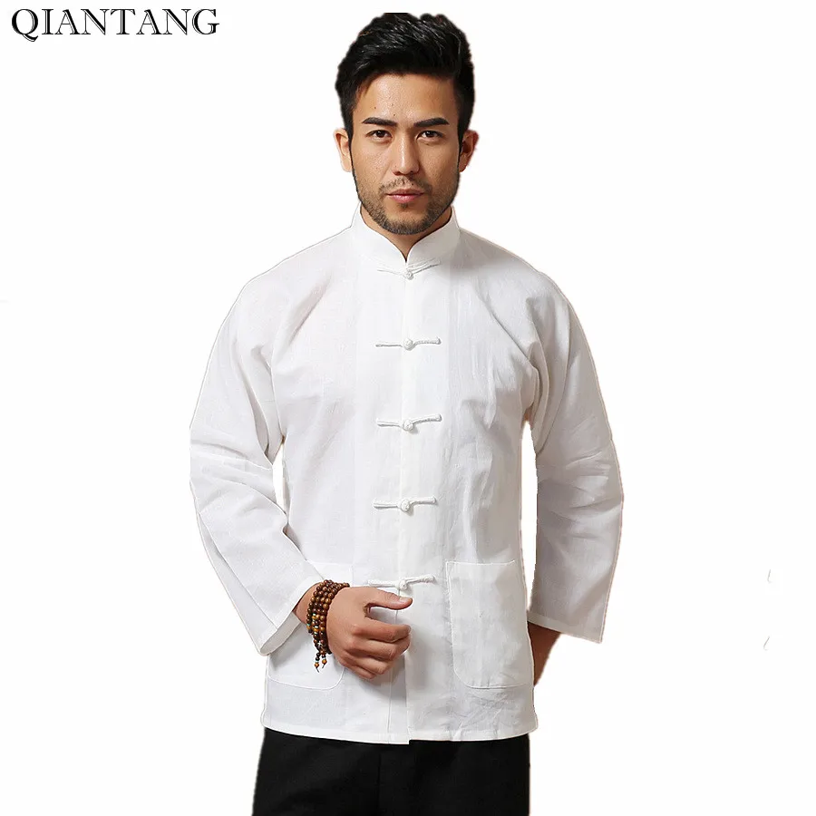 Camisa blanca de algodón de lino de manga larga de Kung Fu