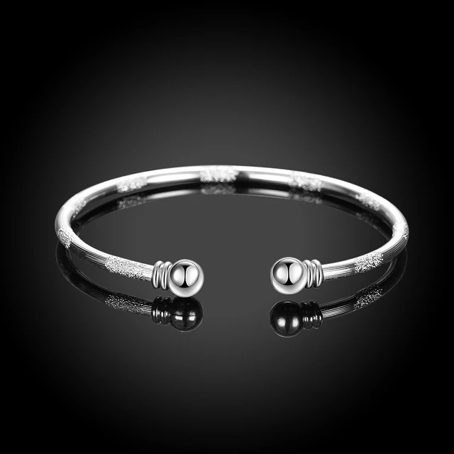 Woman Sand Round Open Bangle 925 Pure Silver Plated Charms Fashion Woman Sand Round Open Bangle 925 Pure Silver Plated Charms Fashion 3mm Double Ball Cuff Bangles