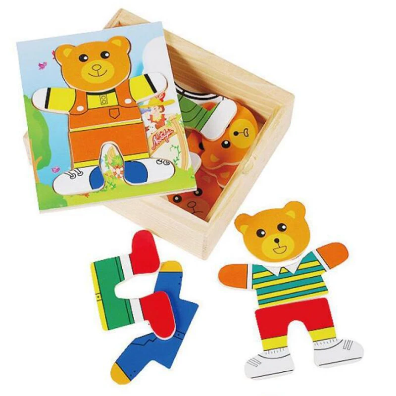 

New 1set Educational Toys Wooden Clothing Winnie Single Bear Locker Box Stereo Cute Jigsaw Puzzles Baby Kids Creative Game Gifts