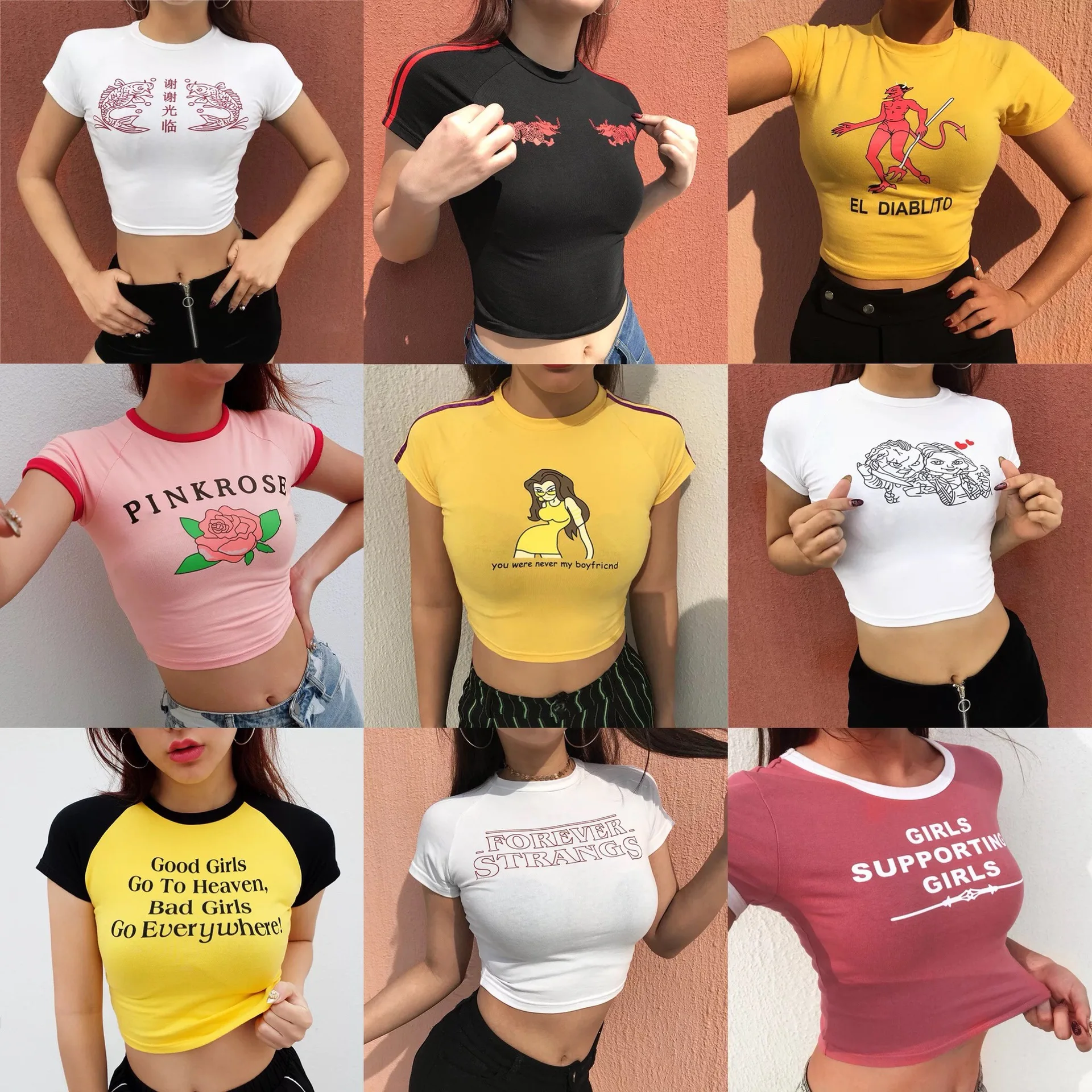 

2019 New Harajuku Style Fashion Graphic Tees Women Colored Pink Rose Female Kawaii Print Shirt Tight Sexy Bare Midriff T-shirt
